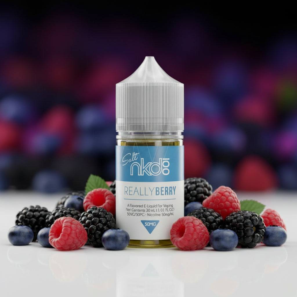 E-liquid bottle labeled 'Really Berry' by nkd on a white background