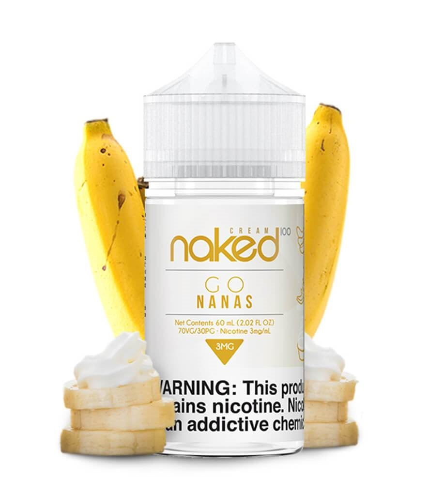 Naked Go Nanas vape juice bottle with bananas and whipped cream on a white background